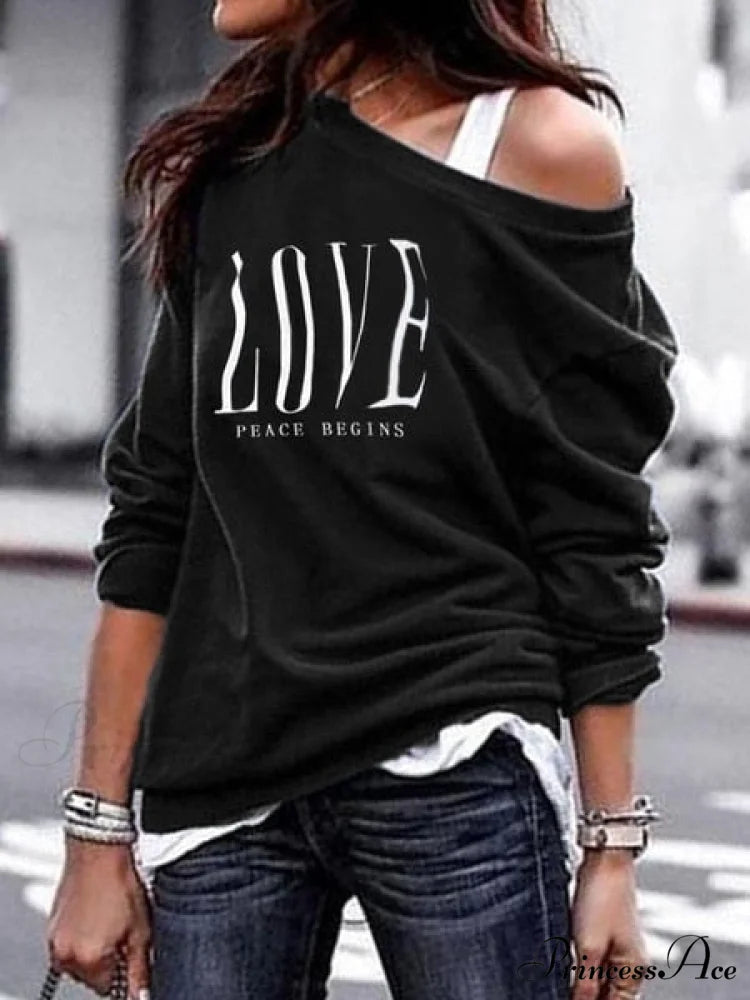 One Sweatshirt Tops Patterned Women’s Heart Shoulder Casual Pullover Top Black NQ3013 / S