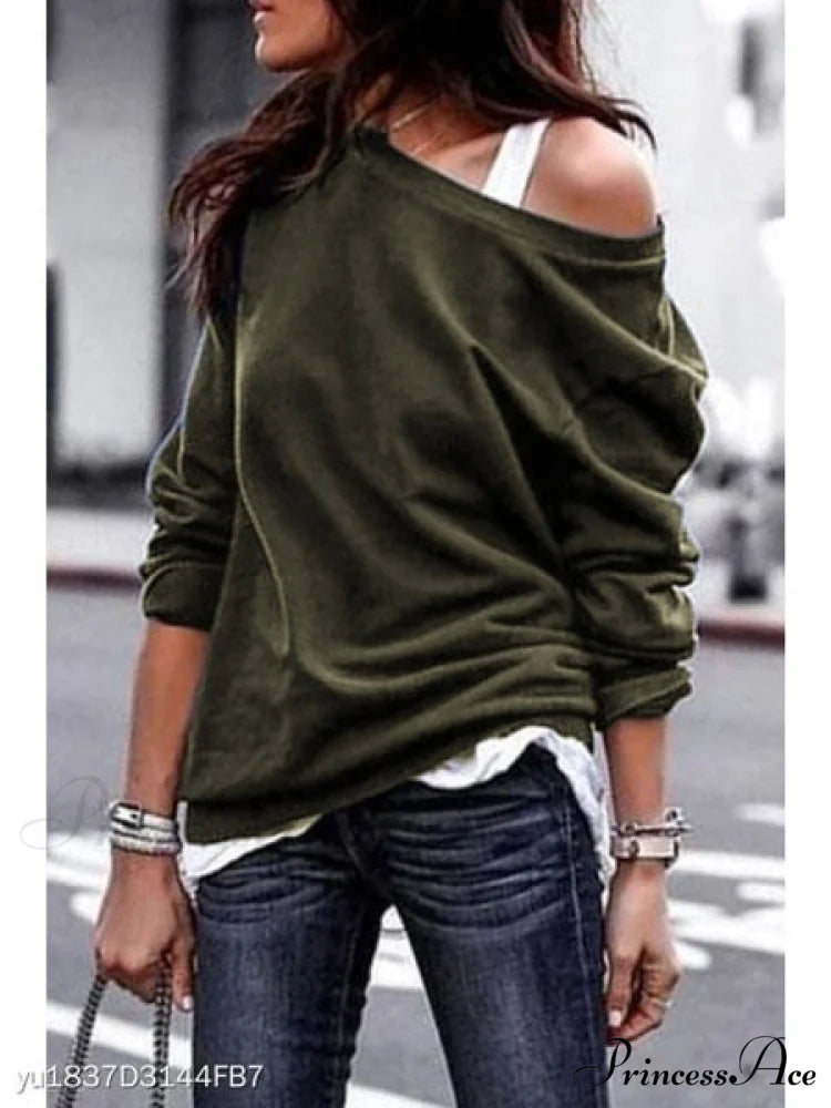 One Sweatshirt Tops Patterned Women’s Heart Shoulder Casual Pullover Top Green NQ2992 / S