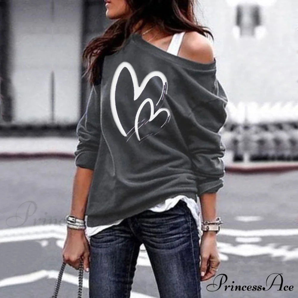 One Sweatshirt Tops Patterned Women’s Heart Shoulder Casual Pullover Top Grey E7M387 / S