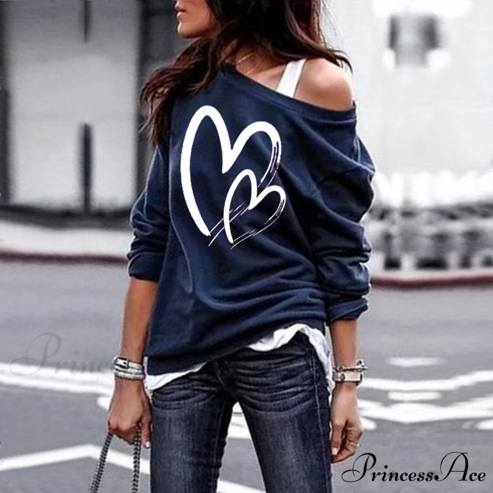 One Sweatshirt Tops Patterned Women’s Heart Shoulder Casual Pullover Top Navy blue E7M387 / S