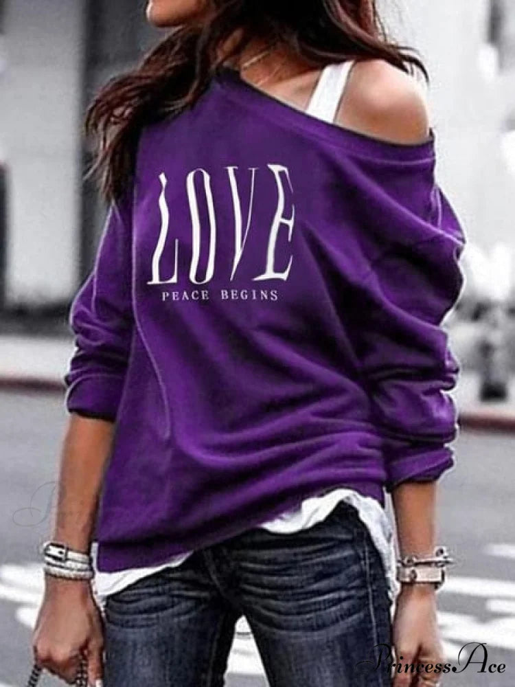 One Sweatshirt Tops Patterned Women’s Heart Shoulder Casual Pullover Top Purple NQ3013 / S