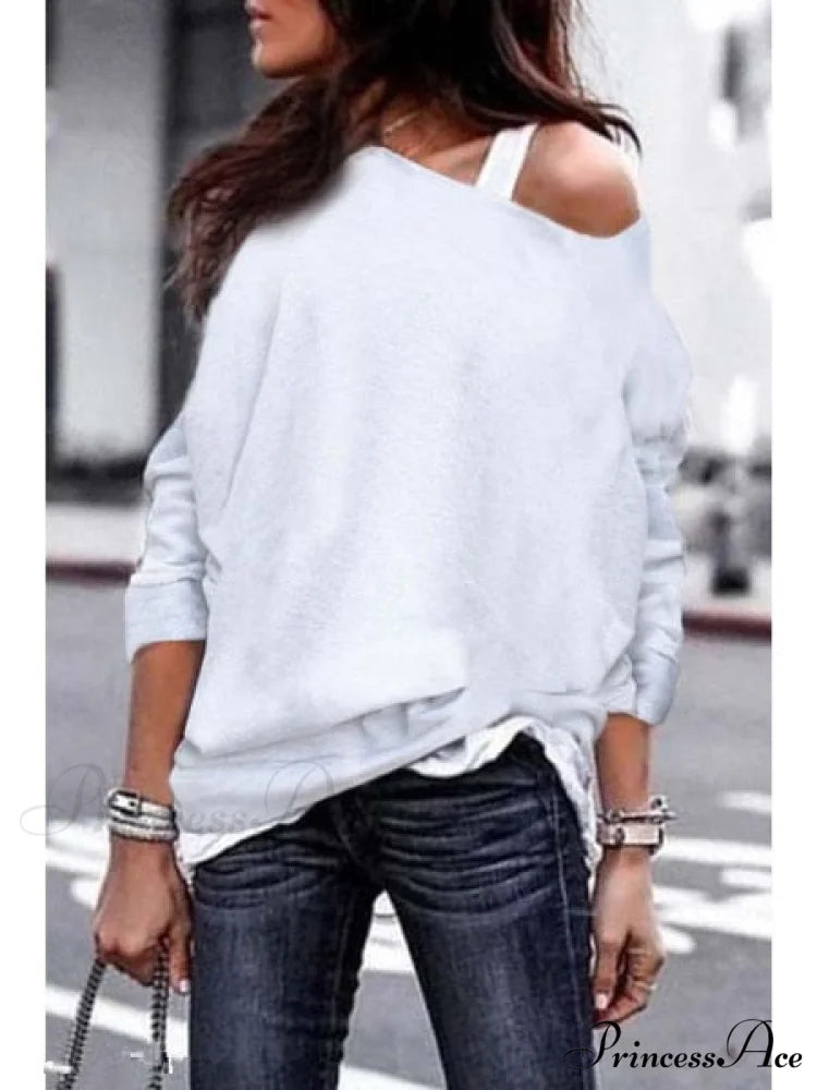 One Sweatshirt Tops Patterned Women’s Heart Shoulder Casual Pullover Top White NQ2992 / S