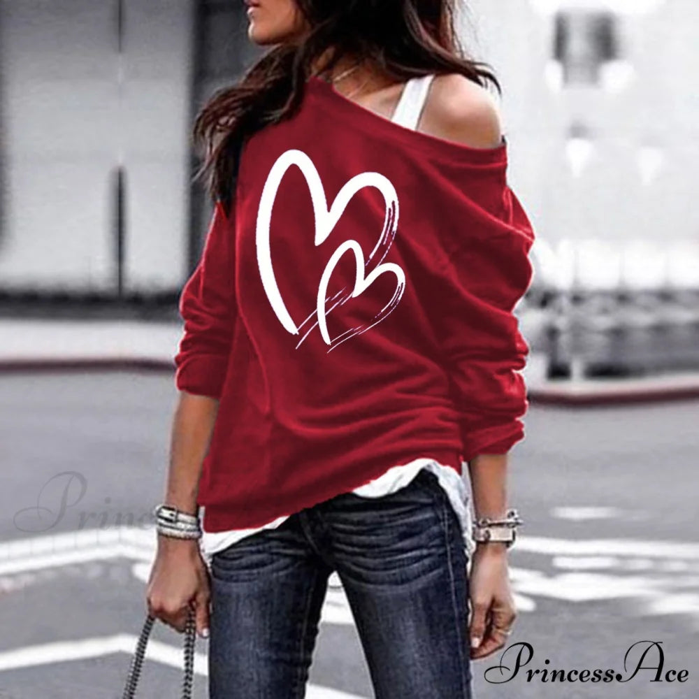 One Sweatshirt Tops Patterned Women’s Heart Shoulder Casual Pullover Top Wine red E7M387 / S