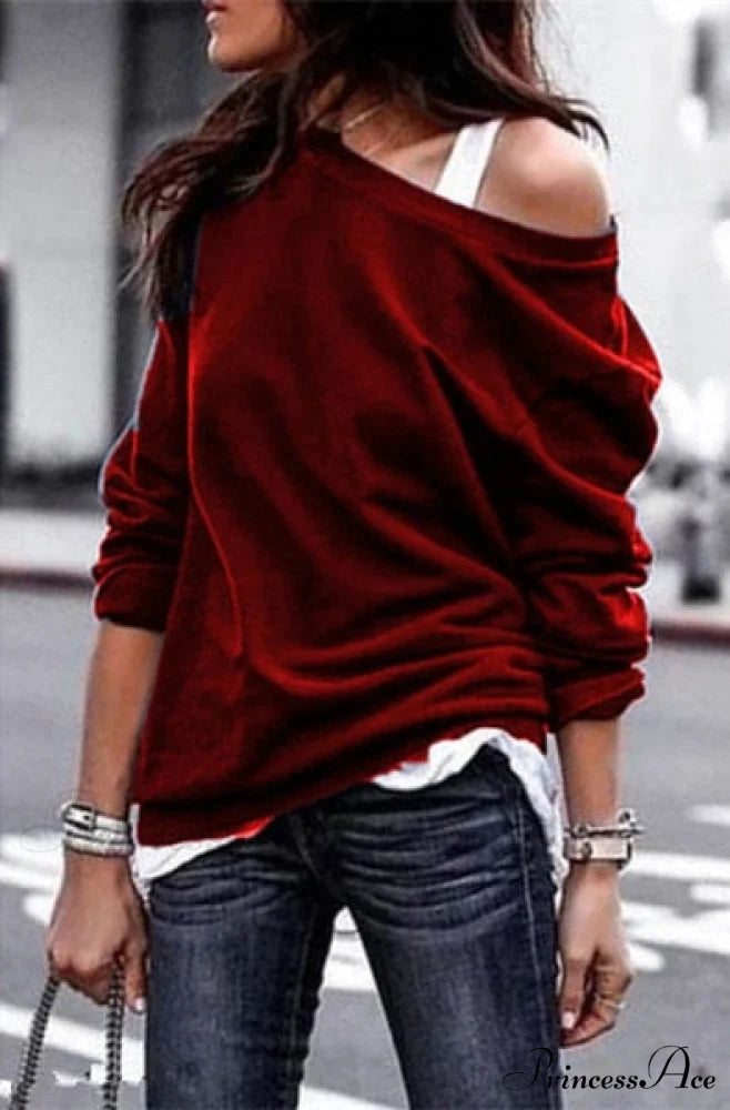 One Sweatshirt Tops Patterned Women’s Heart Shoulder Casual Pullover Top Wine red NQ2992 / S