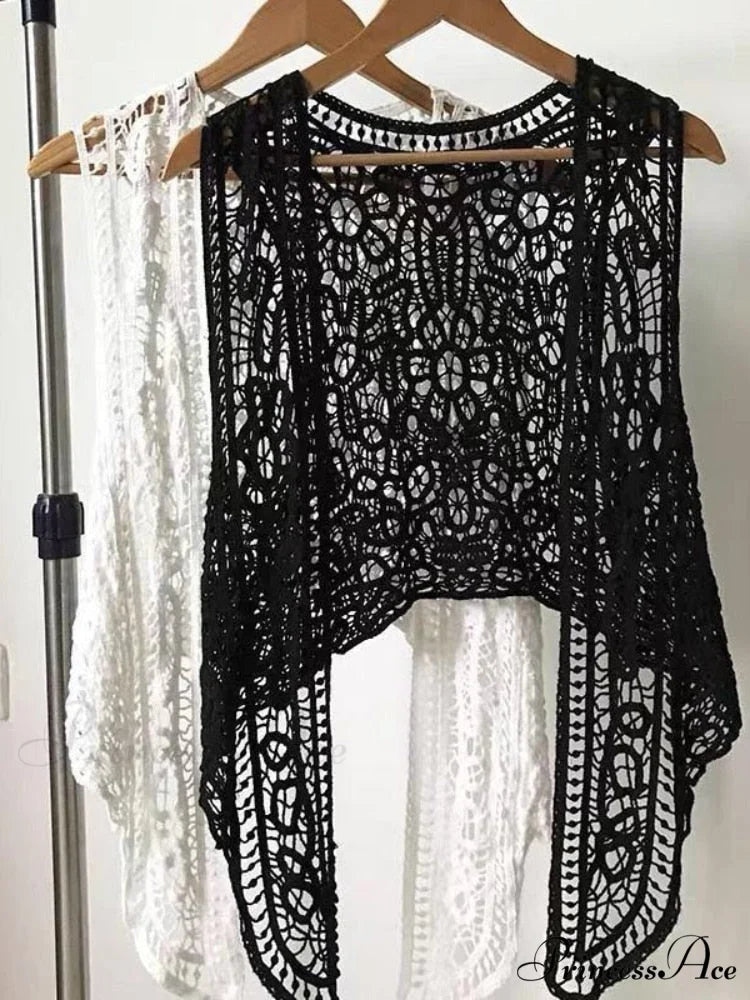 Open Asymmetric Bohemian Embroidery Blouse Crochet Hippie Coastal Cardigan Stitch Knit Vest