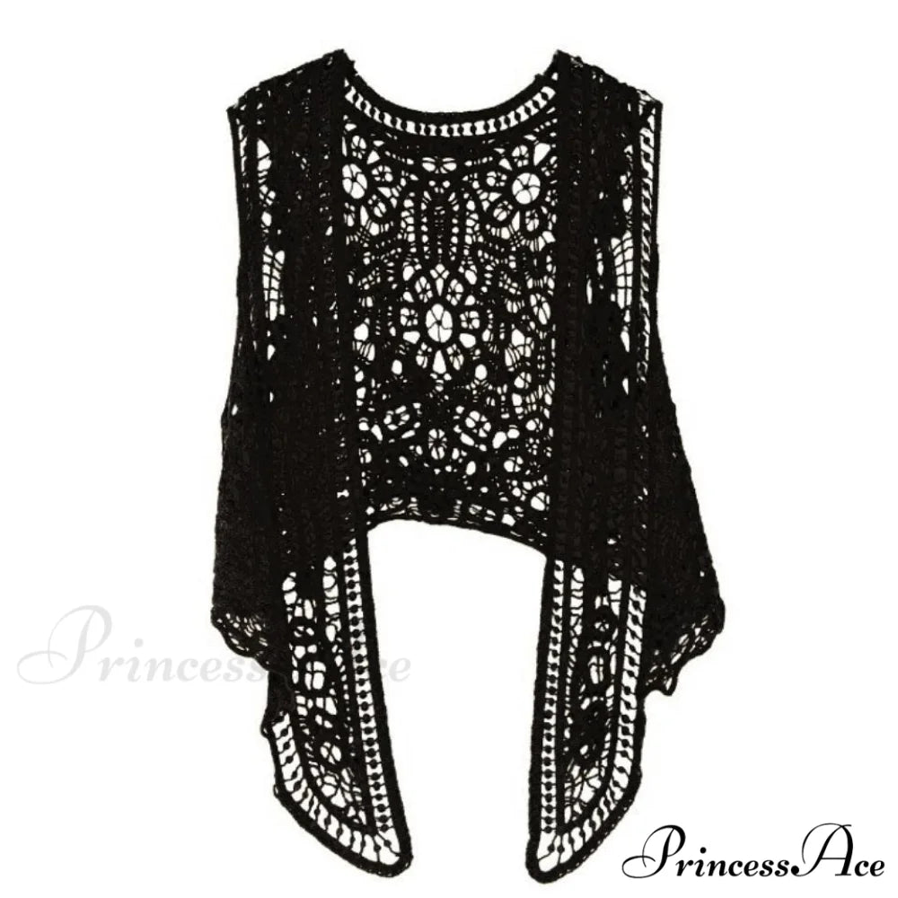 Open Asymmetric Bohemian Embroidery Blouse Crochet Hippie Coastal Cardigan Stitch Knit Vest Black / One Size
