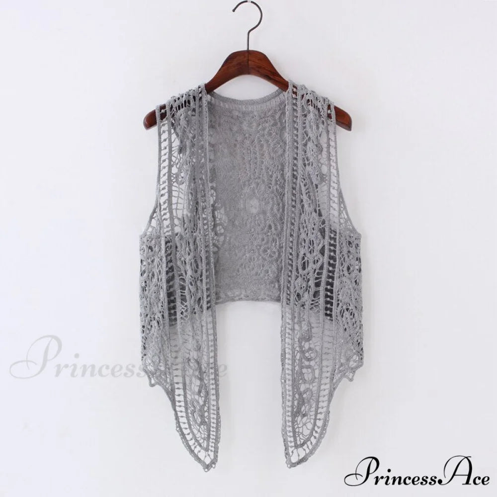 Open Asymmetric Bohemian Embroidery Blouse Crochet Hippie Coastal Cardigan Stitch Knit Vest Gray / One Size