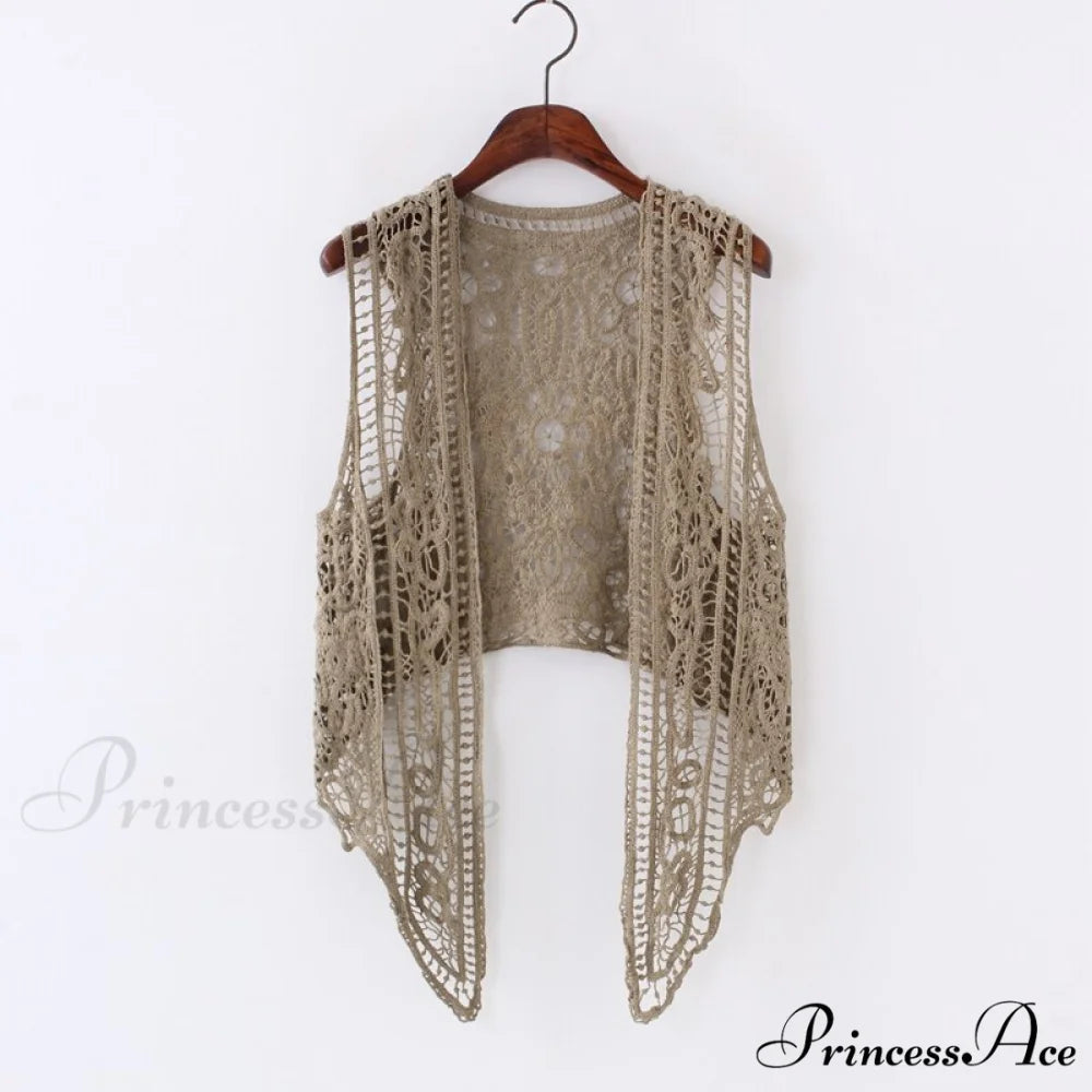 Open Asymmetric Bohemian Embroidery Blouse Crochet Hippie Coastal Cardigan Stitch Knit Vest Khaki / One Size