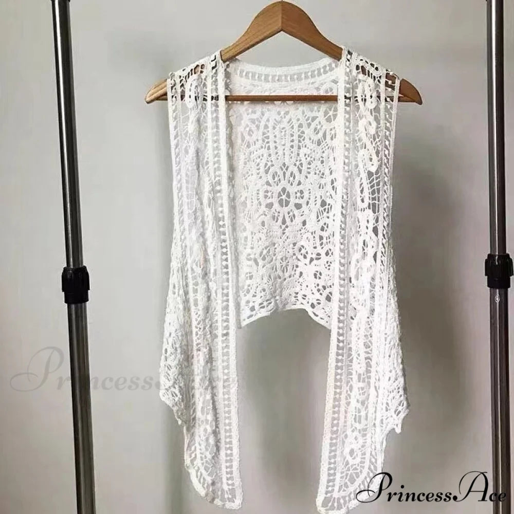 Open Asymmetric Bohemian Embroidery Blouse Crochet Hippie Coastal Cardigan Stitch Knit Vest White / One Size