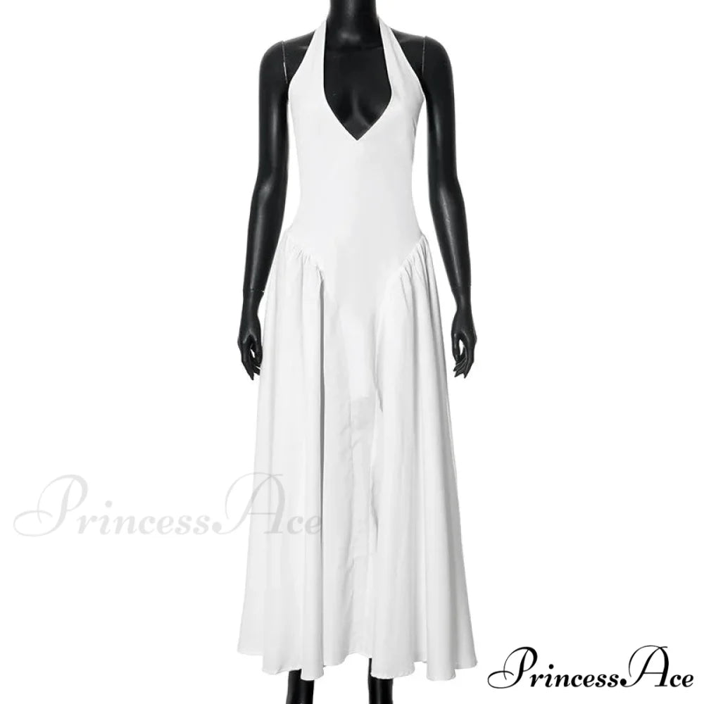 Open Back Halter Deep Graceful V-neck White Ankle Length Dress