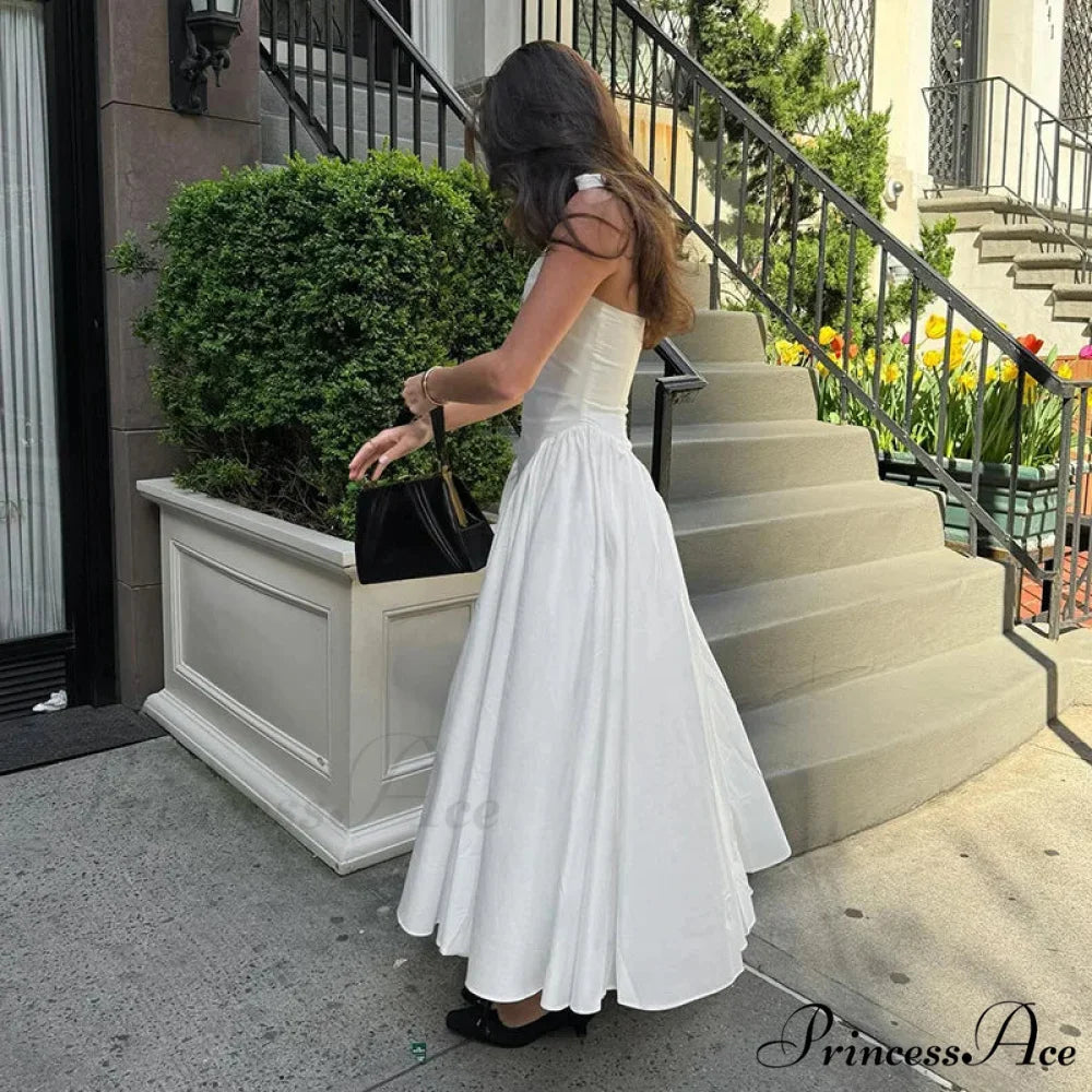 Open Back Halter Deep Graceful V-neck White Ankle Length Dress