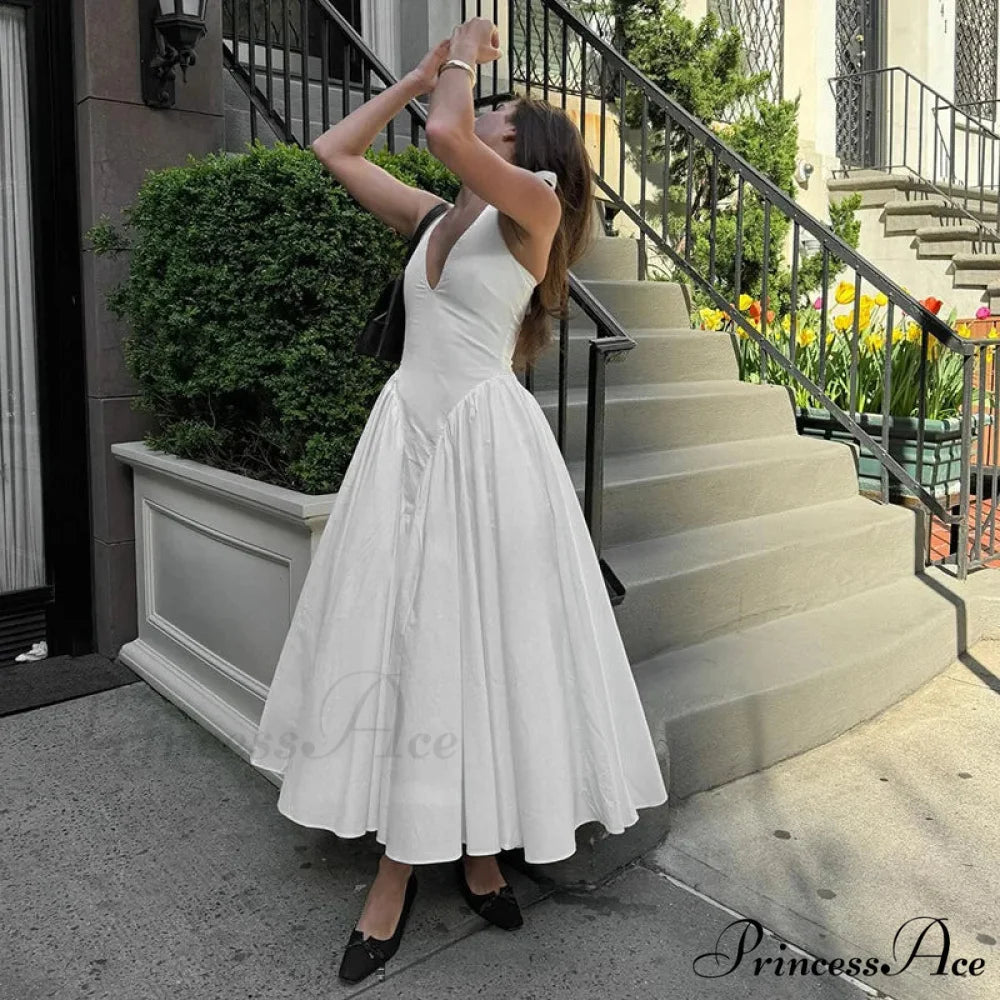 Open Back Halter Deep Graceful V-neck White Ankle Length Dress