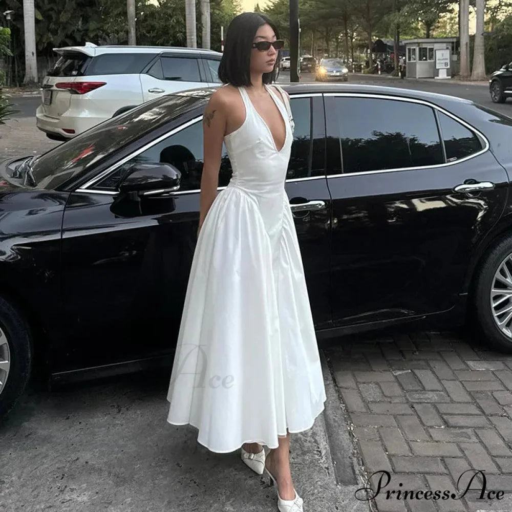 Open Back Halter Deep Graceful V-neck White Ankle Length Dress