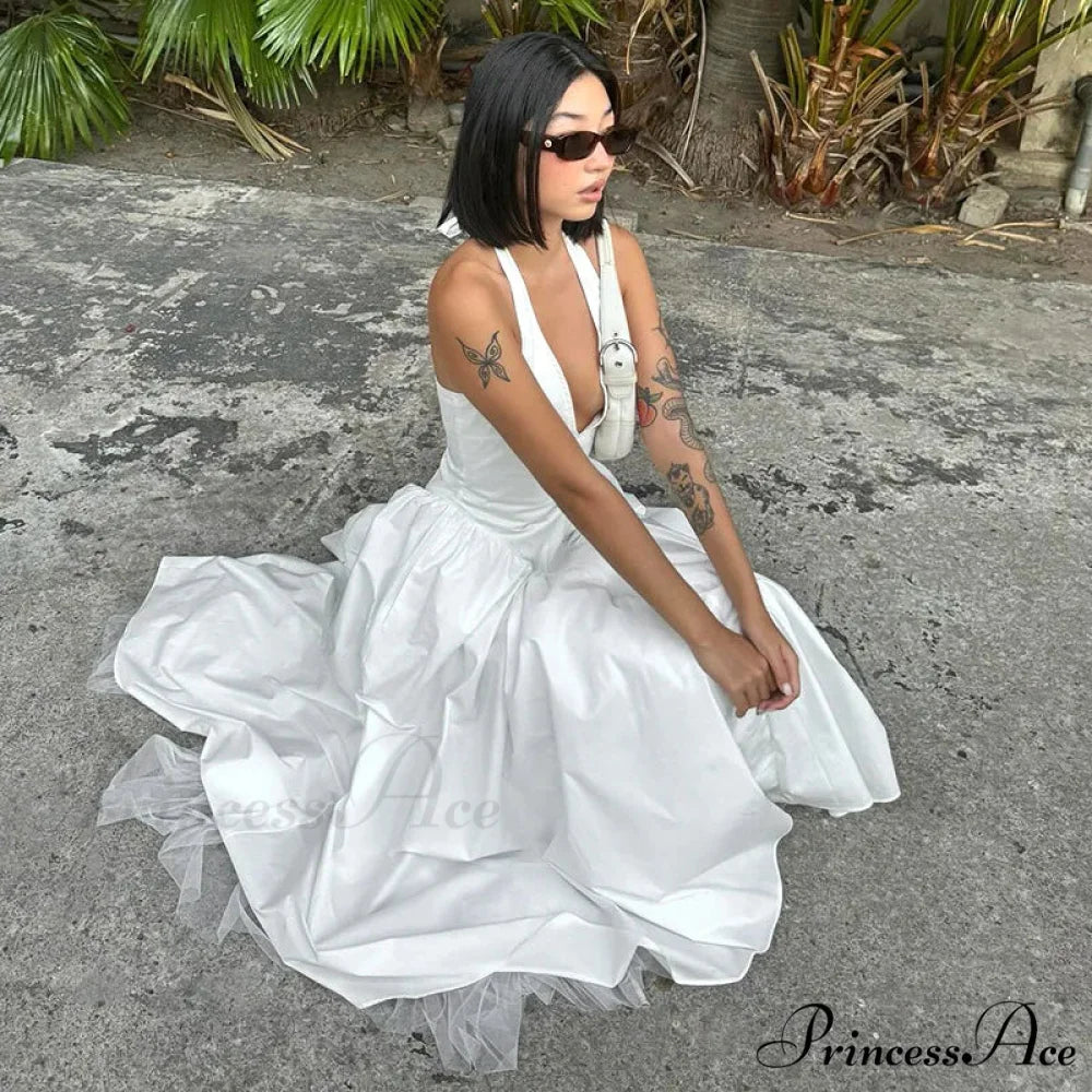 Open Back Halter Deep Graceful V-neck White Ankle Length Dress