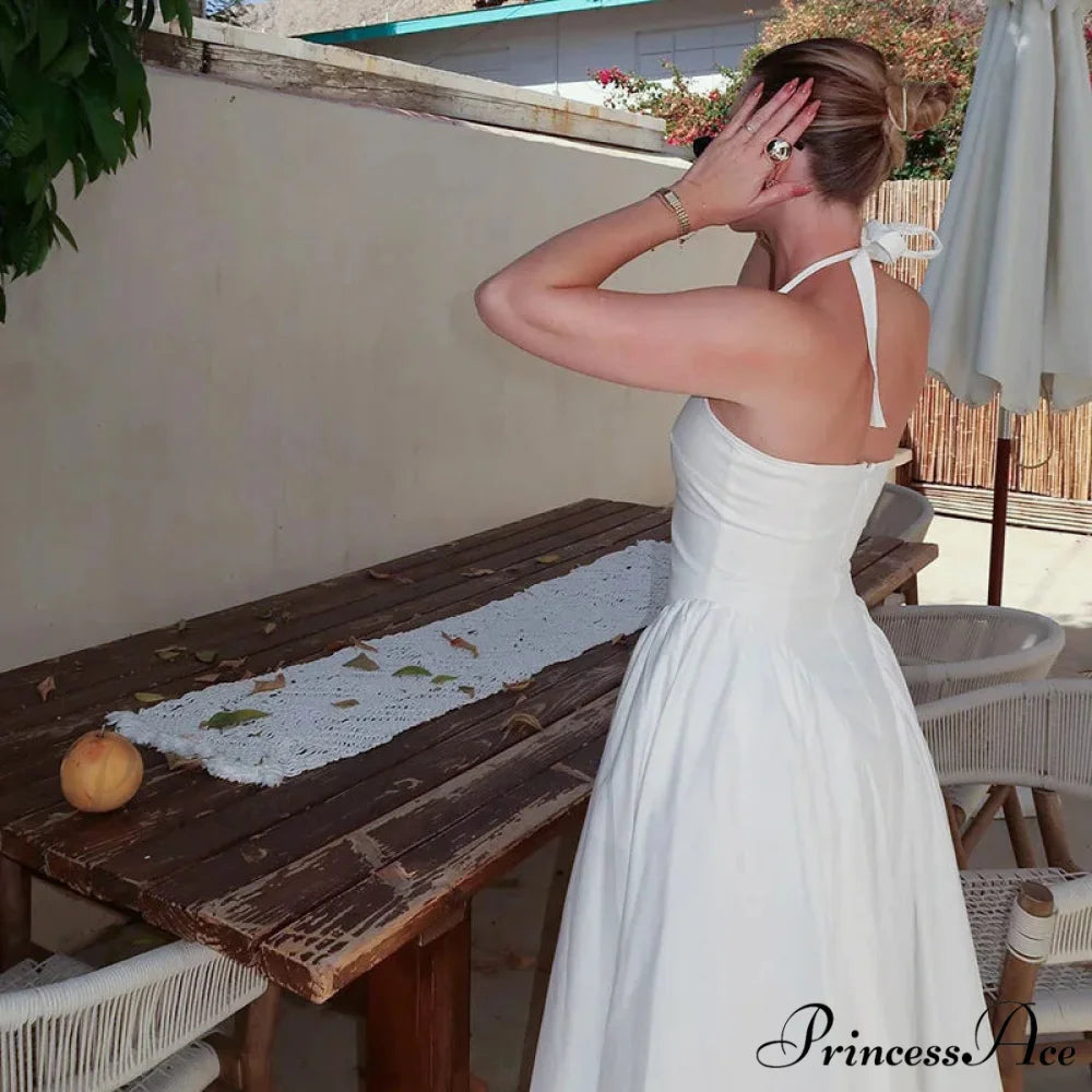 Open Back Halter Deep Graceful V-neck White Ankle Length Dress
