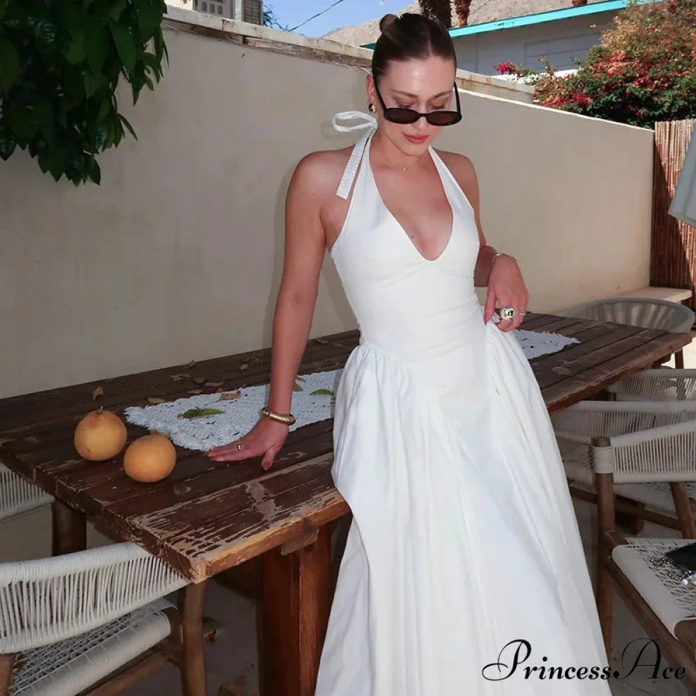 Open Back Halter Deep Graceful V-neck White Ankle Length Dress