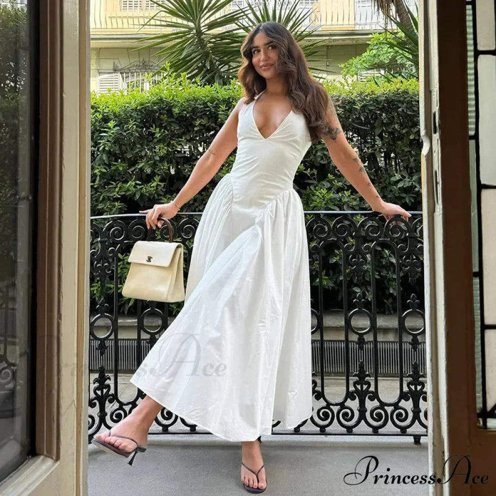 Open Back Halter Deep Graceful V-neck White Ankle Length Dress