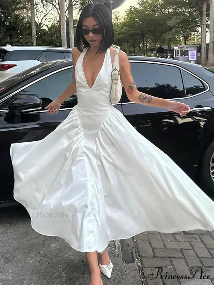 Open Back Halter Deep Graceful V-neck White Ankle Length Dress White / L