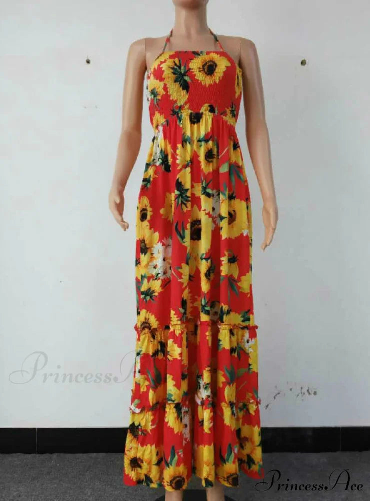 Open Back Print Bandage Maxi Dress L / RED