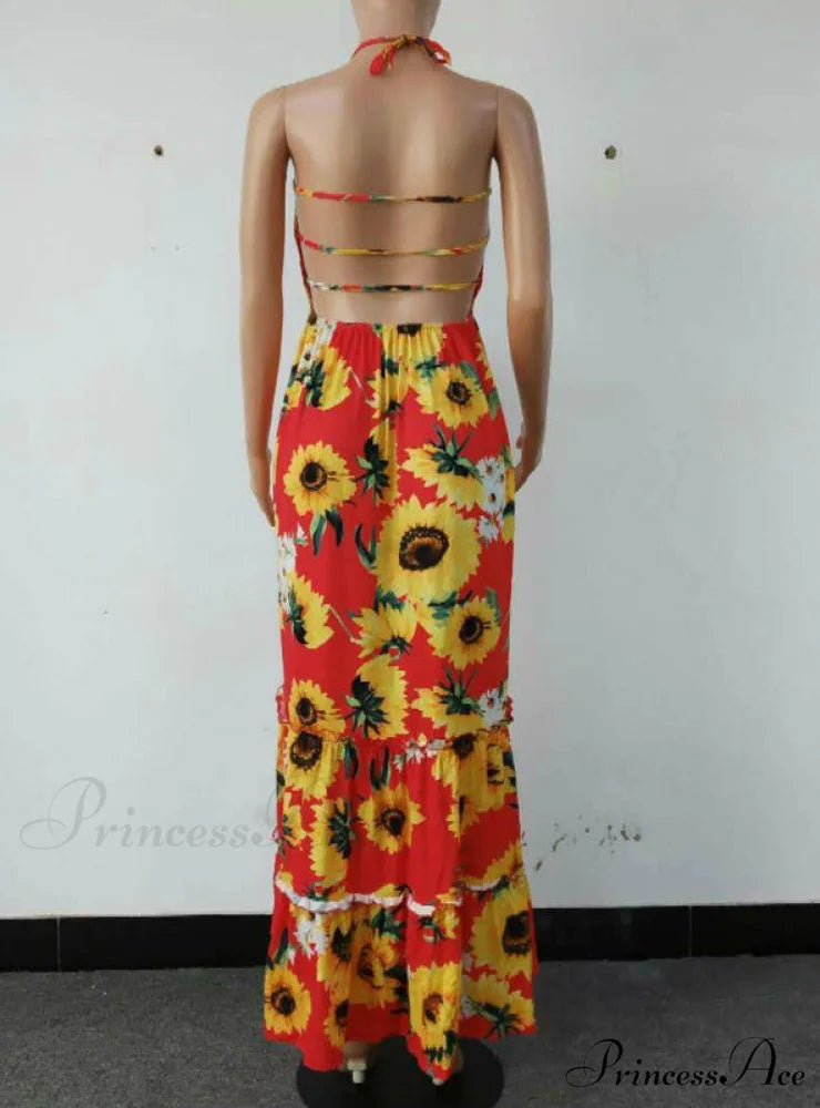 Open Back Print Bandage Maxi Dress L / YELLOW