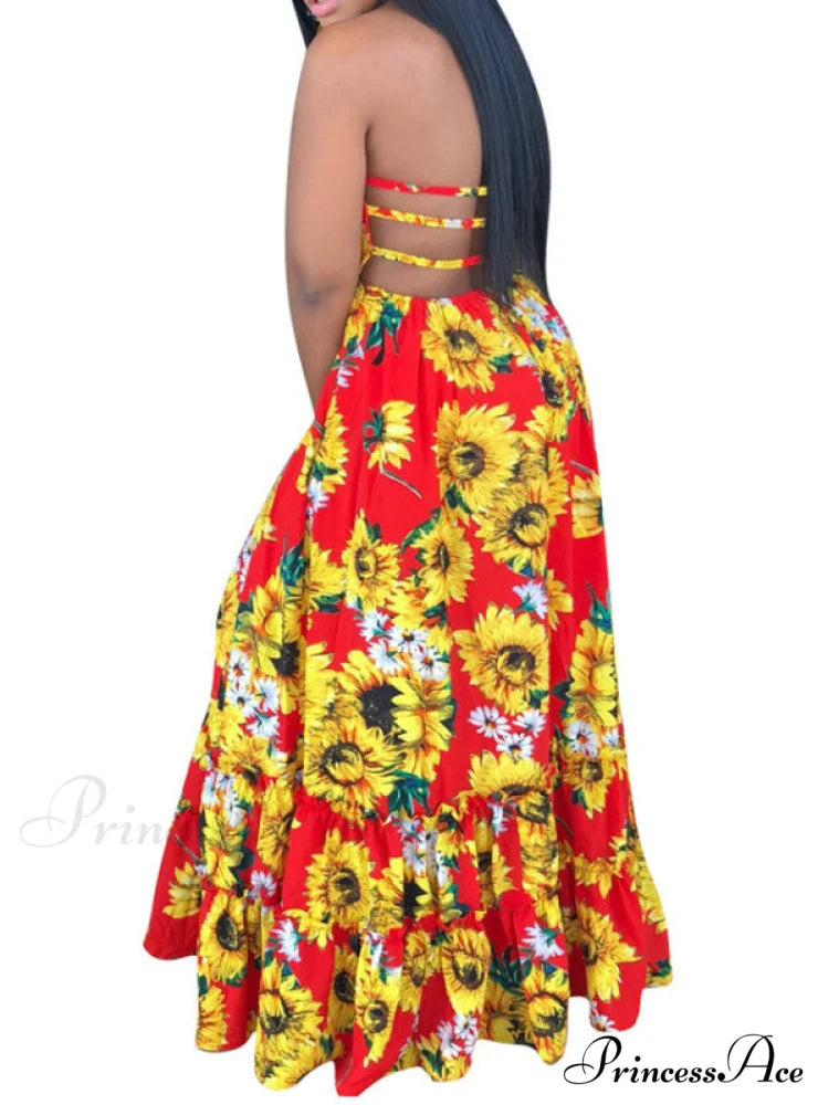 Open Back Print Bandage Maxi Dress M / RED