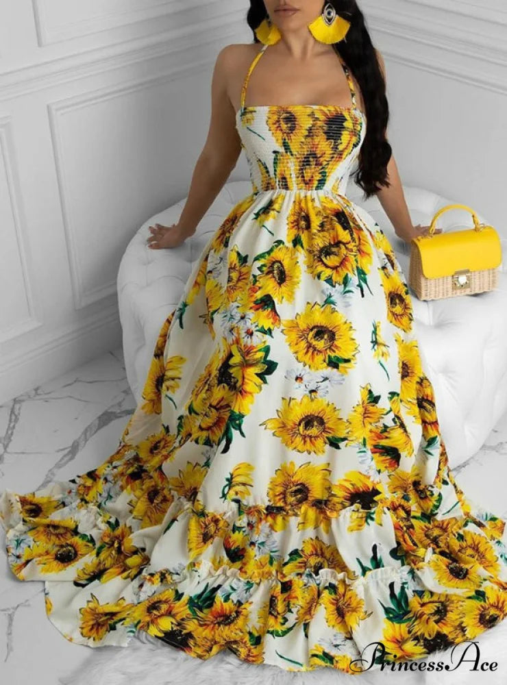 Open Back Print Bandage Maxi Dress S / YELLOW