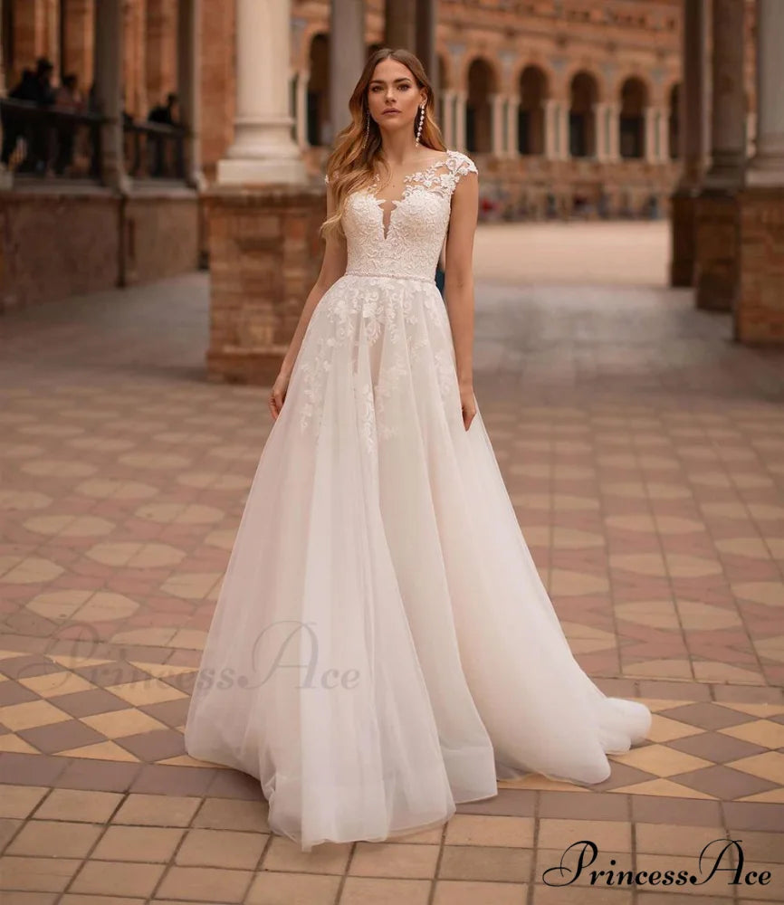 Open Back Transparent Tulle Bridal Gown lvory white / 2 weddingdress-250223