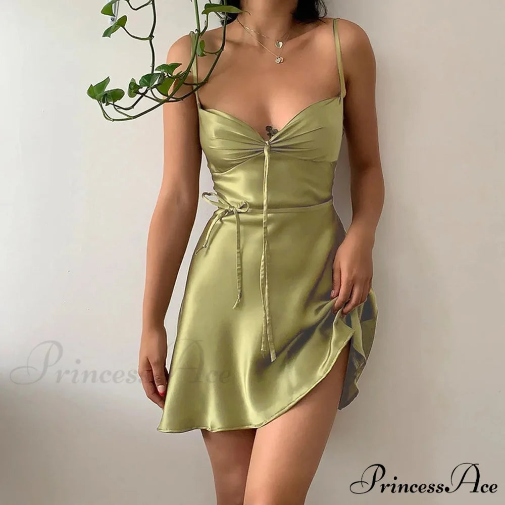 Open-backed Deep V-neck Silk Slip Holiday Dress Green / S vacationdress-250223