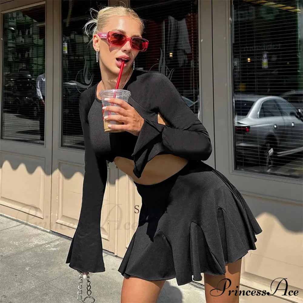 Open Bandage Co-ord Flare Sleeve A-Line Pleated Mini Dress