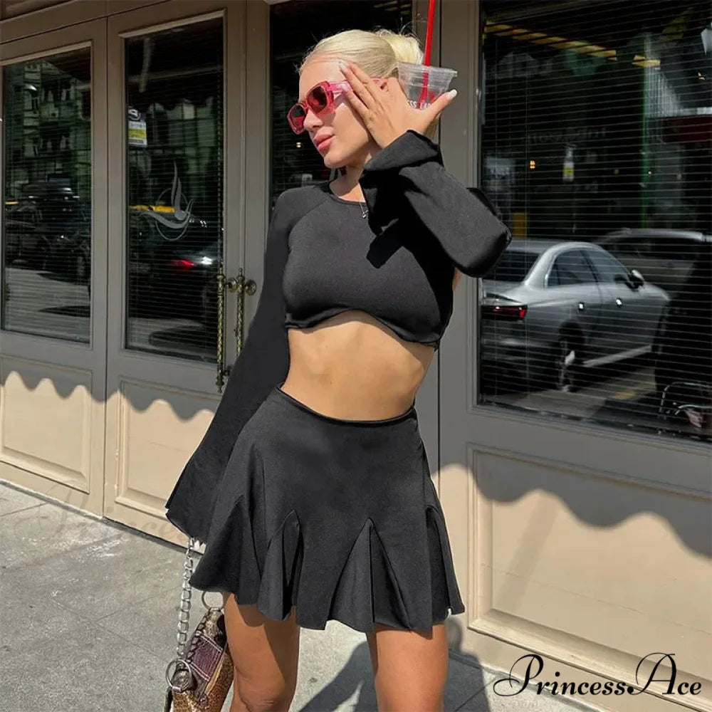 Open Bandage Co-ord Flare Sleeve A-Line Pleated Mini Dress Black / S