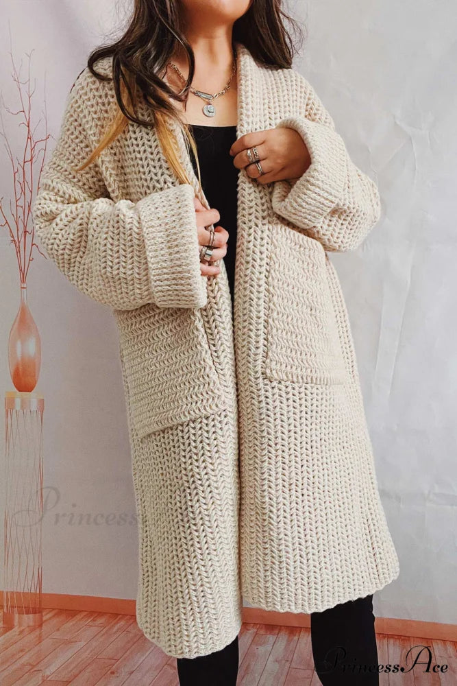 Open Front Cardigan with Large Pockets Khaki / M