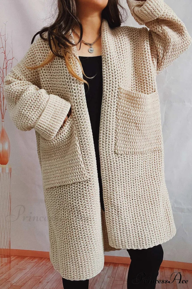Open Front Cardigan with Large Pockets Khaki / S