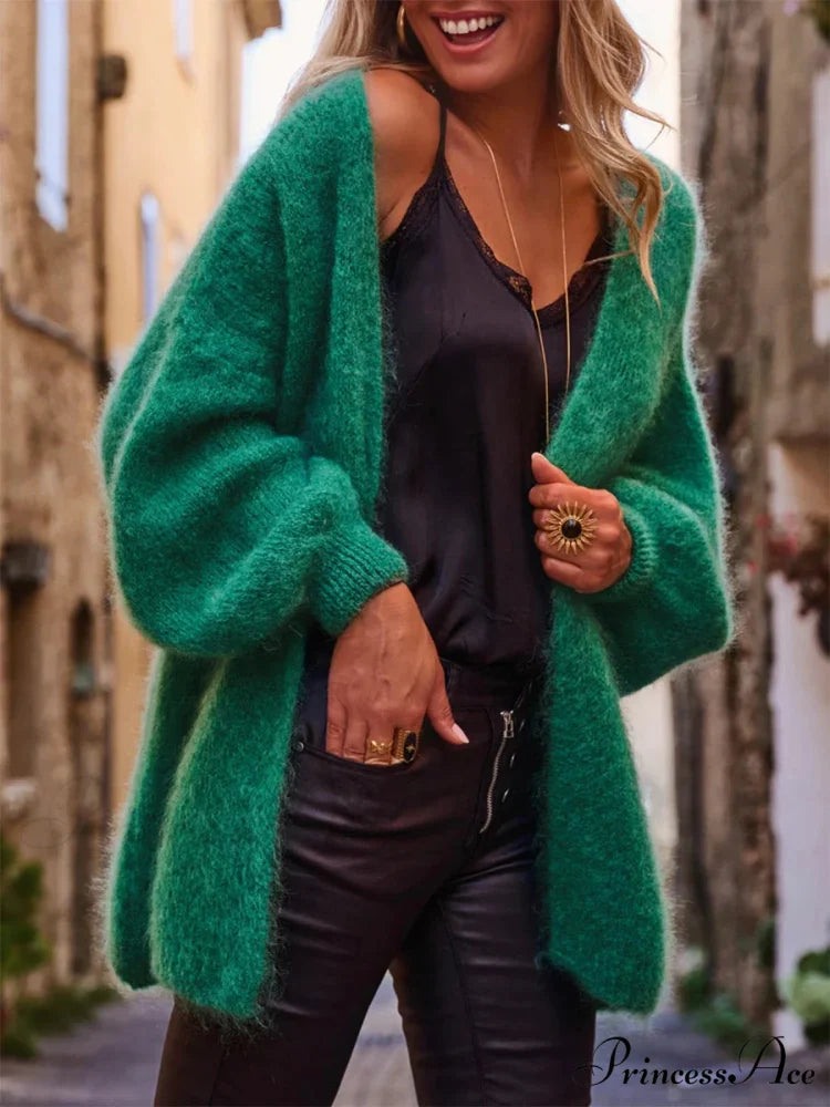 Open Front Soft Long Sleeve Knit Cardigan green / S cardigans-241228