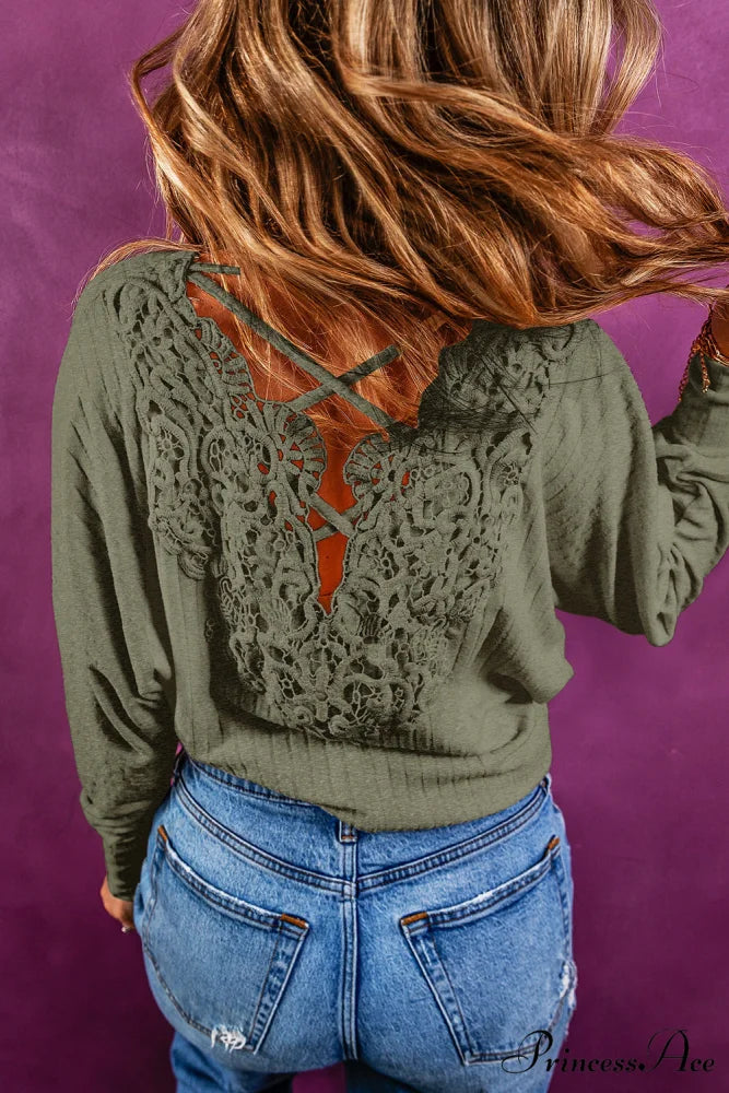 Open Lace-up Ribbed Back Green Crochet Top