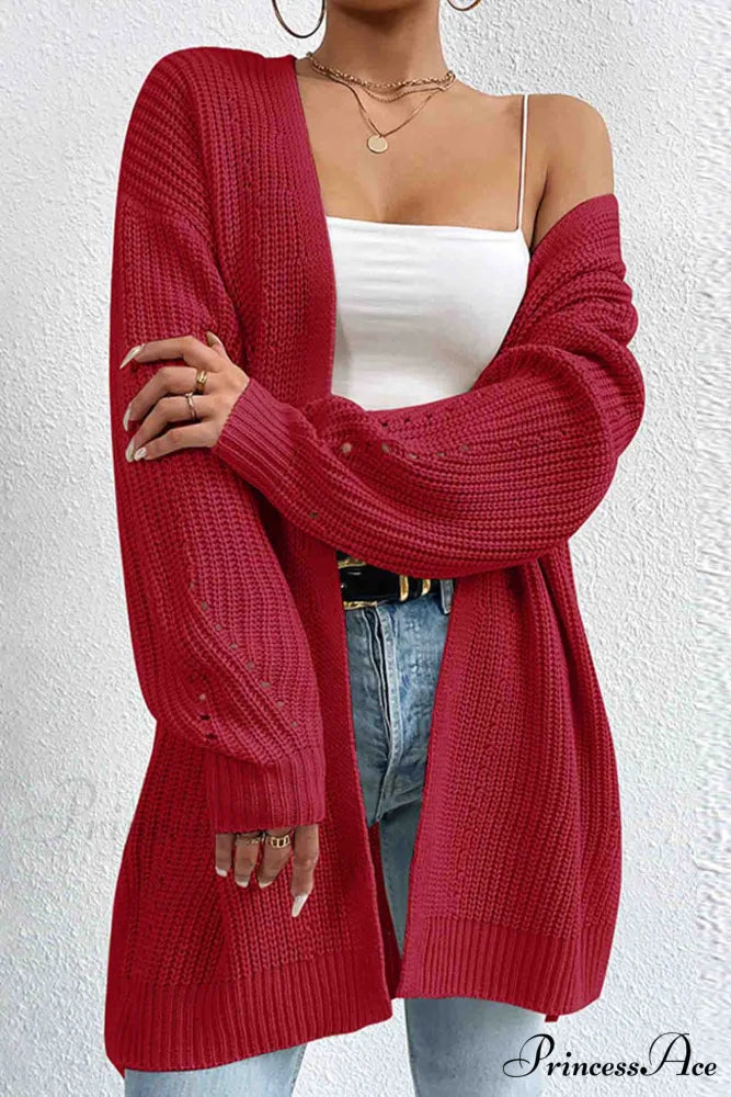 Open Mid-Length Front Cardigan Red / M