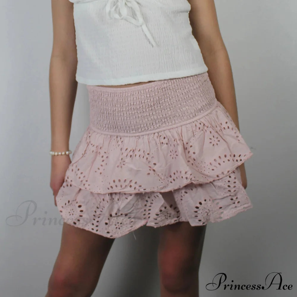 Openwork Tiered Frilly Skirt Pink / S skirts-250223