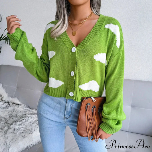 Opposing Hues V-Neck Woven Knit Cardigan Green / S cardiagn-250126