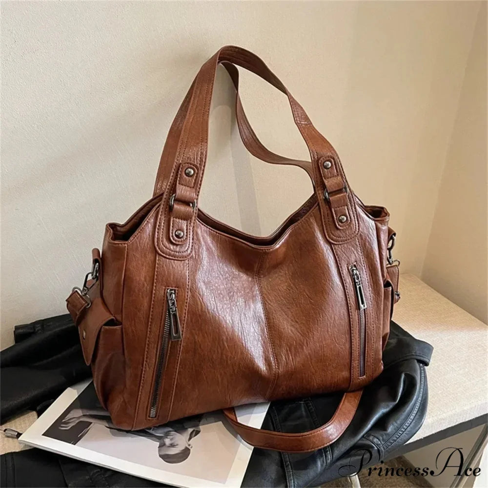 Opposing Shade Premium Zipper Shoulder Bag Brown shoulder-250126