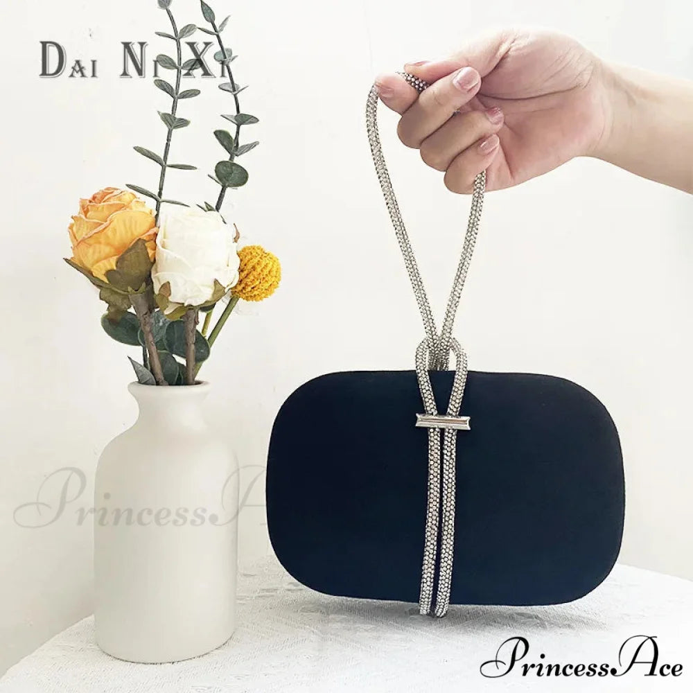 Opulent Crimson Velvet Gem Handle Evening Wedding Tote Handbag Black clutchbag-250126