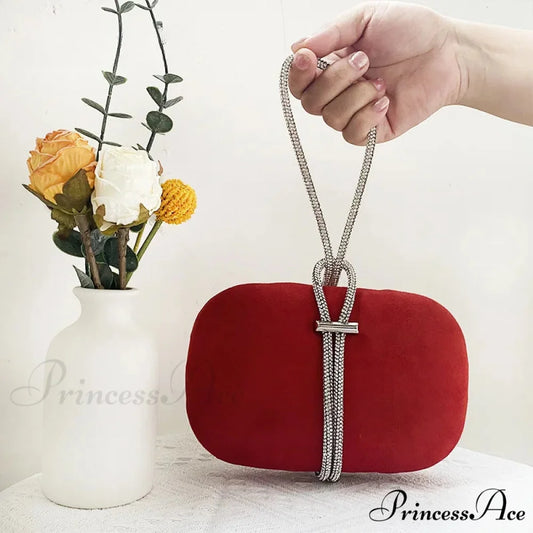 Opulent Crimson Velvet Gem Handle Evening Wedding Tote Handbag clutchbag-250126