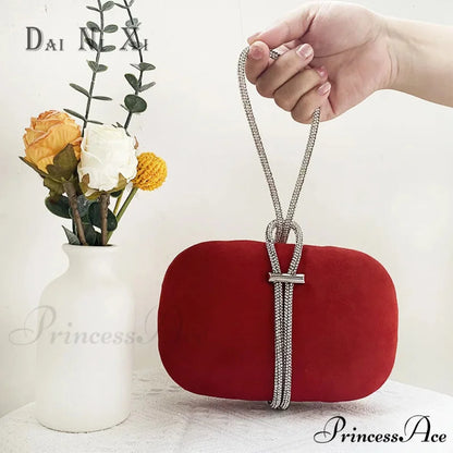 Opulent Crimson Velvet Gem Handle Evening Wedding Tote Handbag Wine red clutchbag-250126