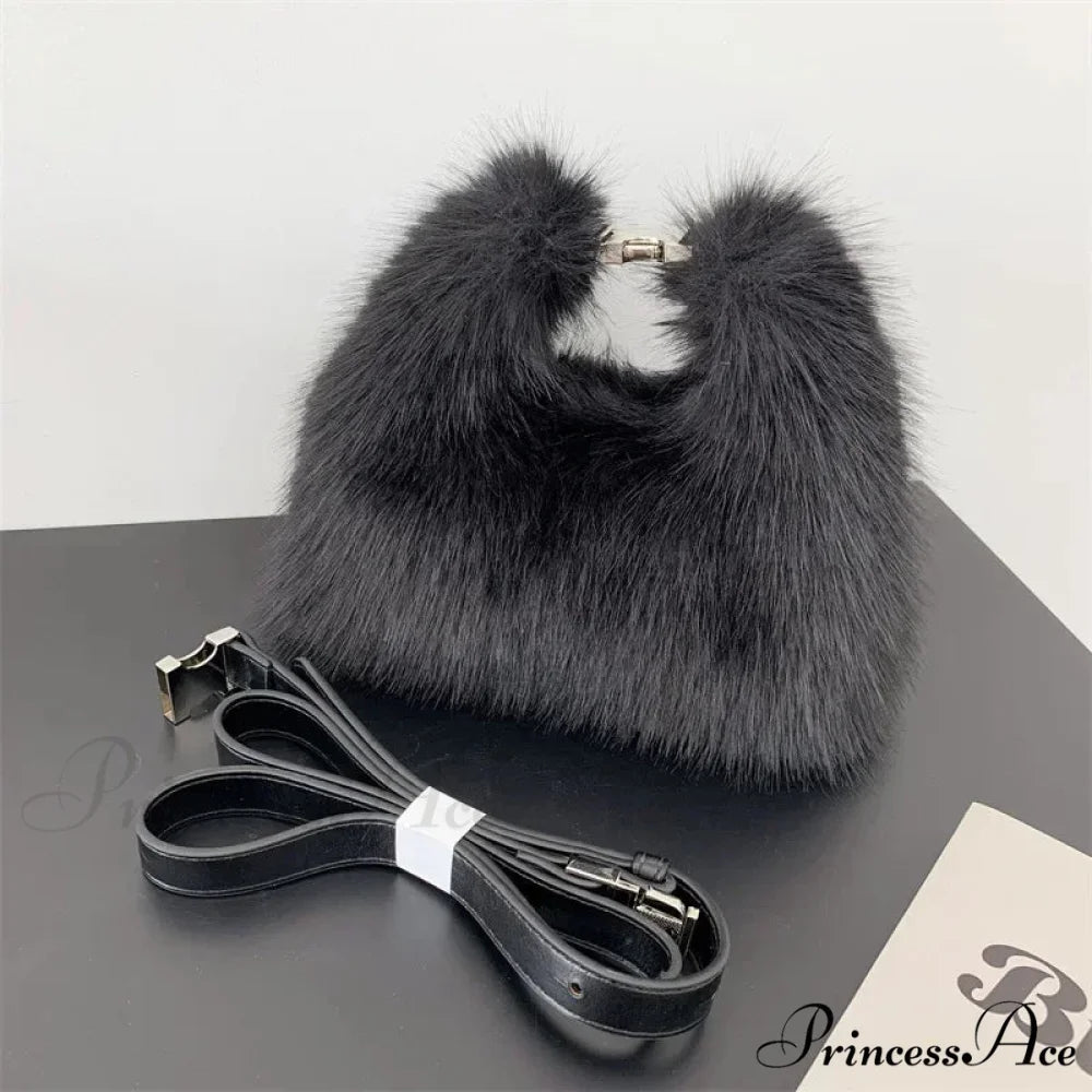 Opulent Faux Fur Plush Evening Clutch Crossbody Handbag Black handbag-250126