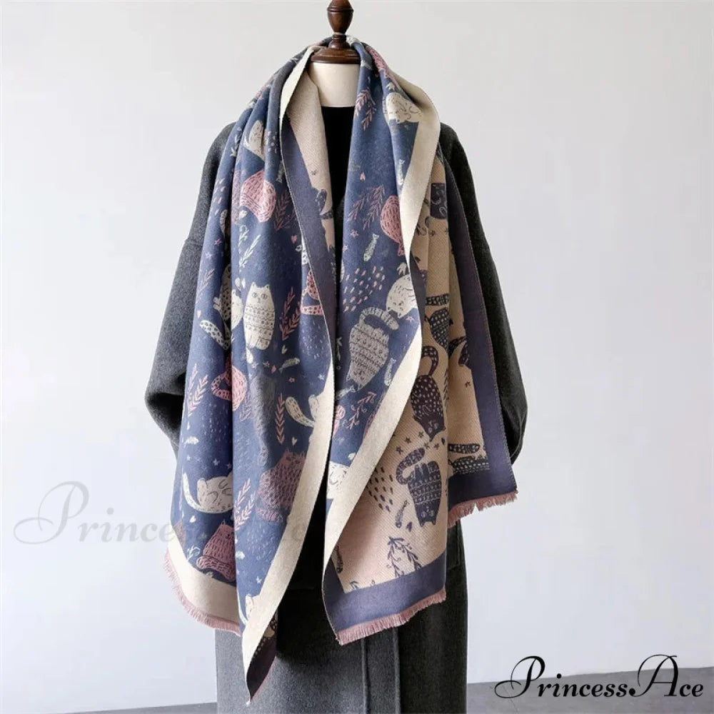 Opulent Feline Pattern Cashmere Cozy Scarf blue scarf-241228