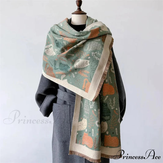 Opulent Feline Pattern Cashmere Cozy Scarf green scarf-241228