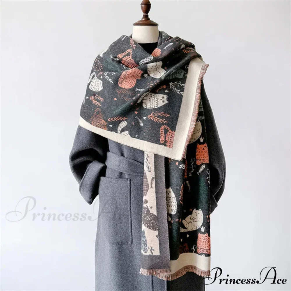 Opulent Feline Pattern Cashmere Cozy Scarf grey scarf-241228
