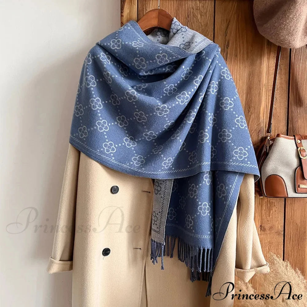Opulent Flowery Cashmere Winter Scarf blue scarf-241228