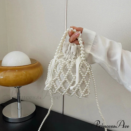 Opulent Pearl Woven Pail Handbag White handbag-250126