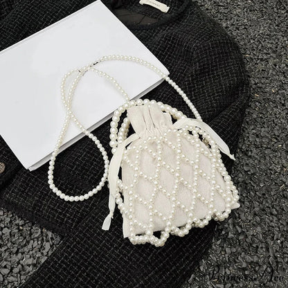 Opulent Pearl Woven Pail Handbag White handbag-250126