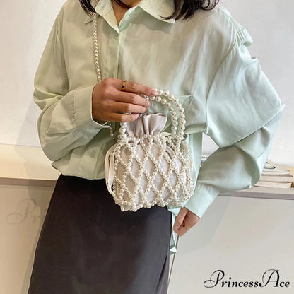 Opulent Pearl Woven Pail Handbag White handbag-250126