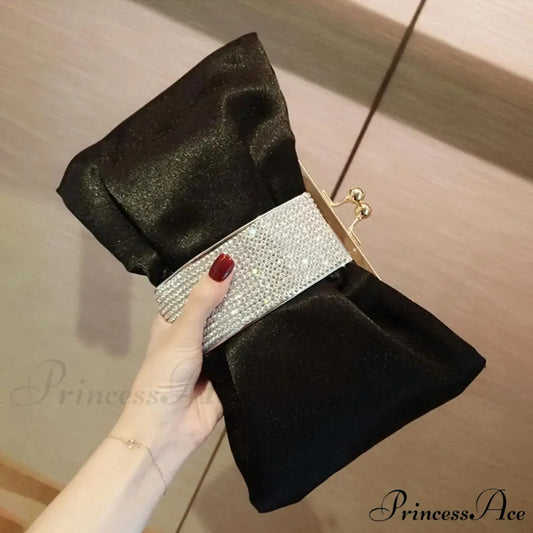 Opulent Rhinestone Bow Evening Clutch Purse black PU clutchbag-250126